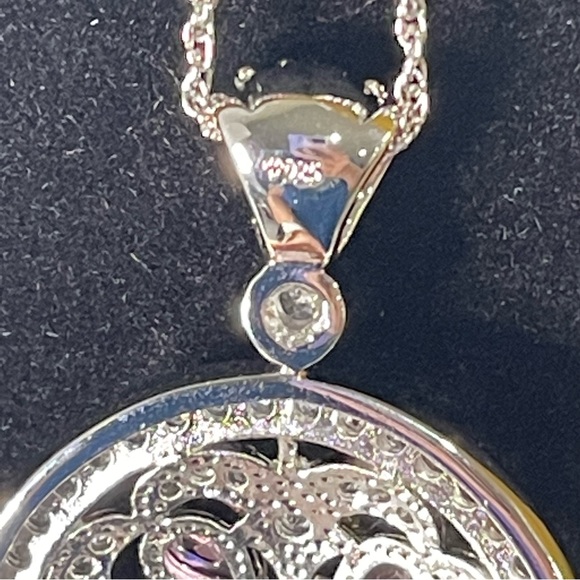 Sterling Silver Necklace Round Pendant Brilliant Diamond Pink Gem Embellished - Picture 11 of 12